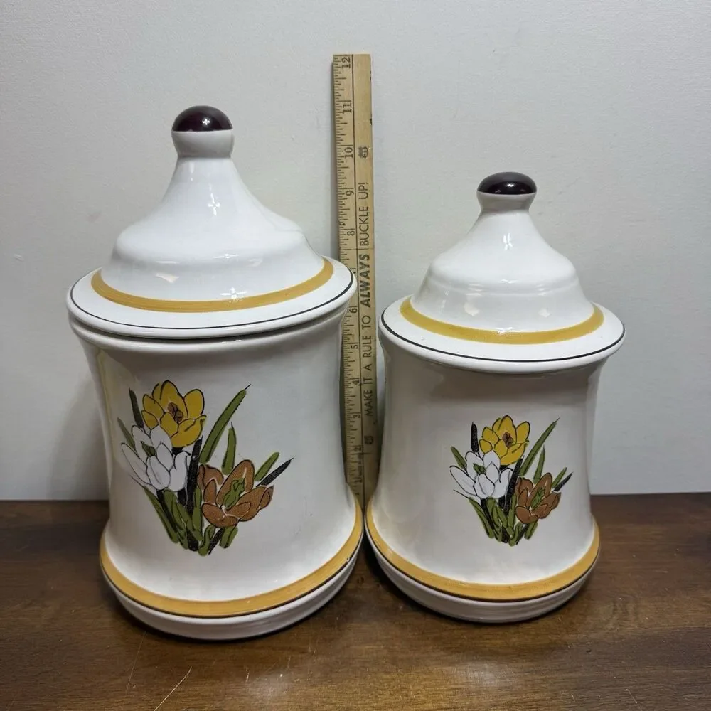 Vtg 70s Acsons Adela Canister Set Of 2 Mid Century Retro Floral Grandma Cottage